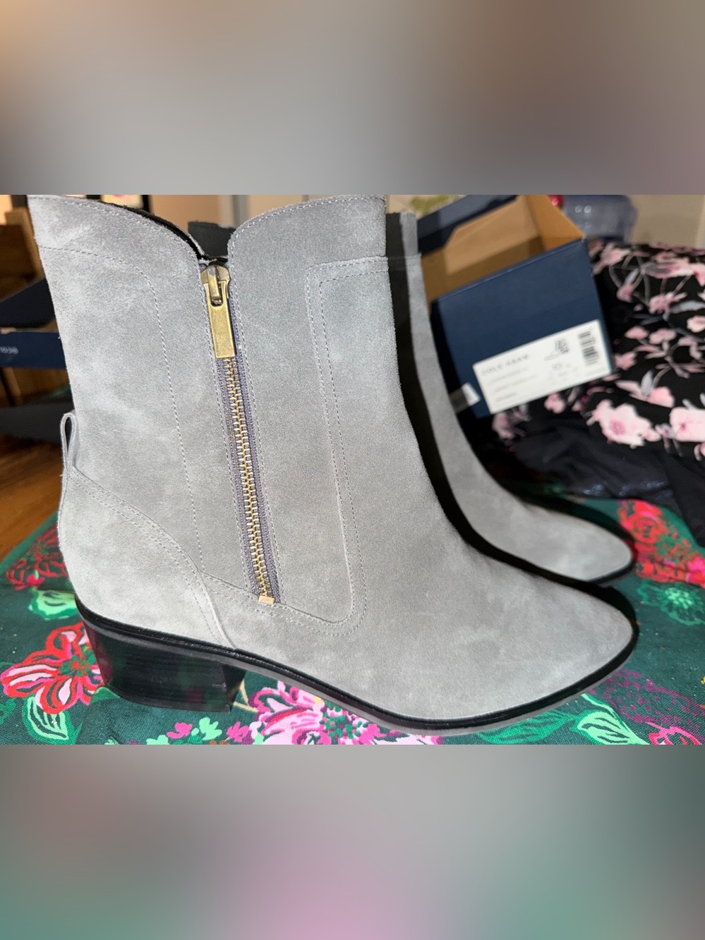 NIB Cole Haan Teegan Bootie 45 Gray Suede Ankle Boots Size 10